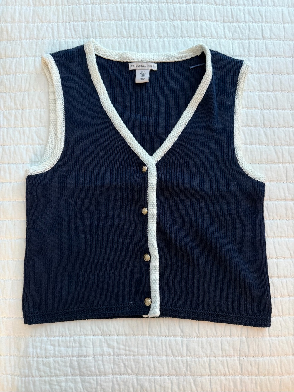 Sincerely Jules Navy Sleeveless Button-Front Vest with Cream Trim
